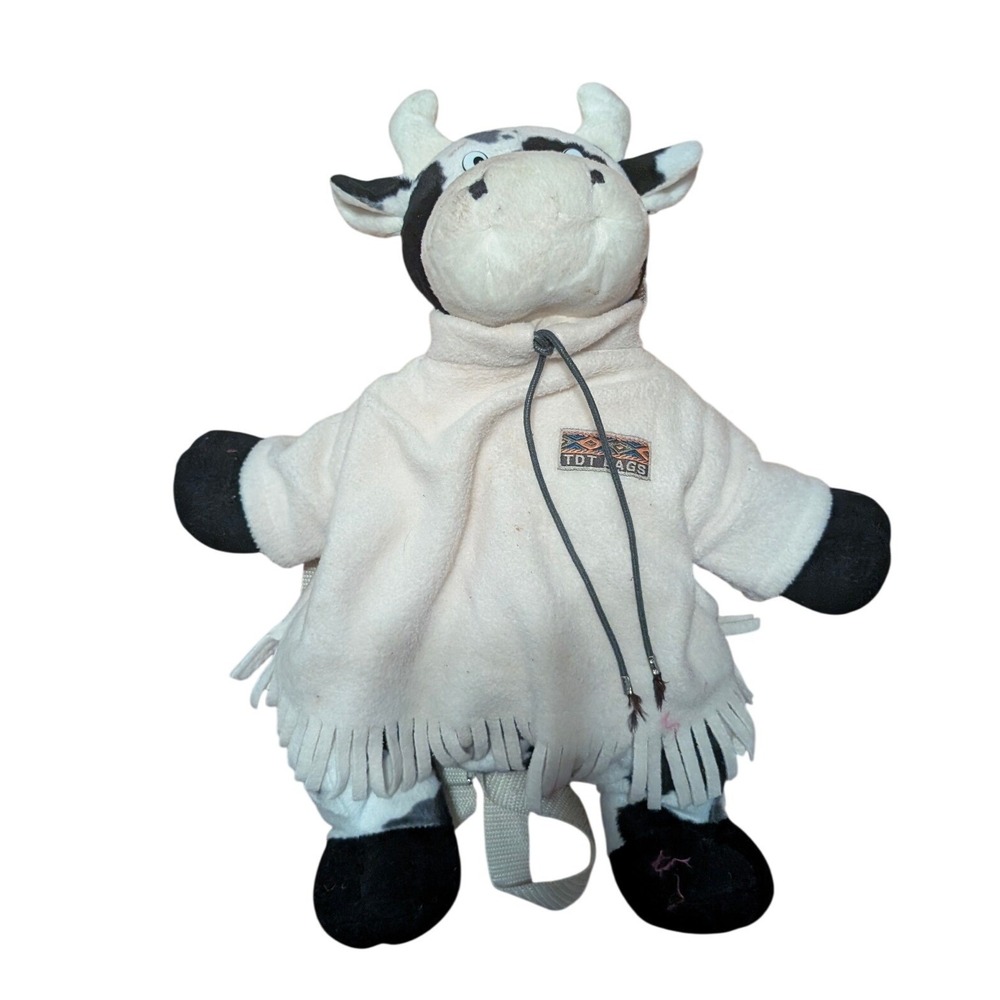 Vintage TDT Bags Cow Plush Backpack Fleece Poncho Fringe Black White Spotted